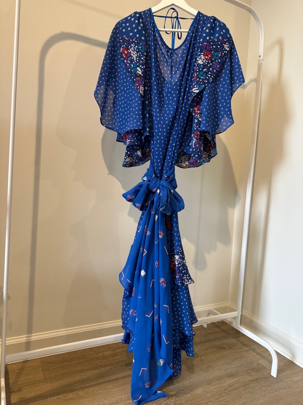 Lorrie Kabala vintage 80’s Blue Floral Polka Dot Dress belted size 6 M L XL